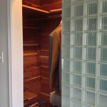 Cedar linen closet in luxury bath remodel with mirrored closet in Lancaster Ohio