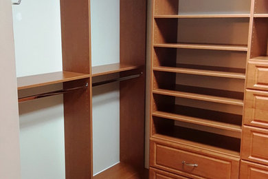 Foto de armario vestidor unisex tradicional renovado de tamaño medio con armarios con paneles con relieve, puertas de armario de madera oscura y moqueta