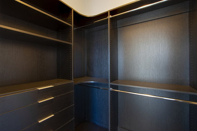 Ejemplo de armario vestidor actual grande con armarios con paneles lisos y puertas de armario negras