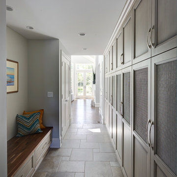 Classy Mudroom with Painted Grey Cabinetry