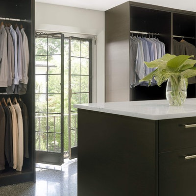 Walk-in closet - mid-sized contemporary gender-neutral ceramic tile walk-in closet idea in St Louis with black cabinets and flat-panel cabinets