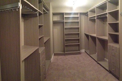 Walk-in closet - large contemporary gender-neutral carpeted walk-in closet idea in Calgary with flat-panel cabinets and light wood cabinets