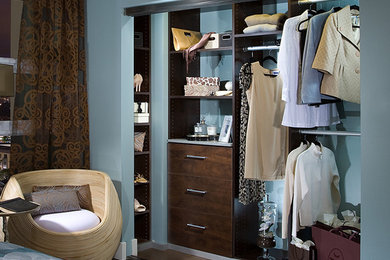 Foto de armario y vestidor minimalista con armarios con paneles lisos, puertas de armario de madera oscura y suelo de madera en tonos medios