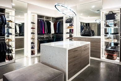Example of a large minimalist gender-neutral dark wood floor and brown floor walk-in closet design in Las Vegas with open cabinets and dark wood cabinets