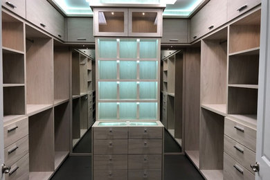 Imagen de armario minimalista con armarios con paneles lisos y puertas de armario de madera clara