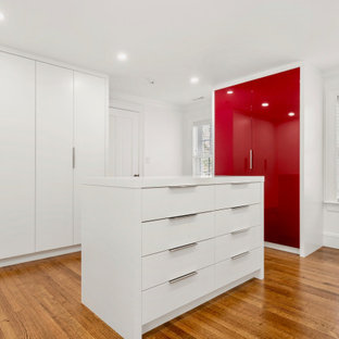 Neutraler Moderner Begehbarer Kleiderschrank mit roten Schränken und braunem Holzboden in Boston