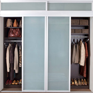 EIngebautes, Großes, Neutrales Modernes Ankleidezimmer mit Glasfronten, Teppichboden und dunklen Holzschränken in New York