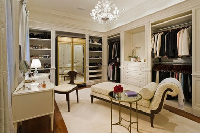 Diseño de vestidor de mujer grande con armarios con paneles empotrados, puertas de armario blancas y suelo de madera en tonos medios