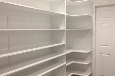 Mid-sized transitional gender-neutral carpeted and brown floor walk-in closet photo in Raleigh with open cabinets and white cabinets