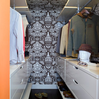Walk-in closet - contemporary men's walk-in closet idea in Los Angeles with flat-panel cabinets and white cabinets