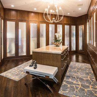 Idee per armadi e cabine armadio contemporanei con ante lisce, ante in legno bruno, parquet scuro e pavimento marrone