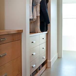 Foto de armario vestidor unisex, clásico renovado, de tamaño medio, con armarios con paneles lisos, puertas de armario de madera oscura y suelo de cemento