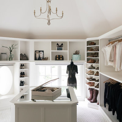 Walk-in closet - large transitional women's carpeted and white floor walk-in closet idea in Atlanta with open cabinets and white cabinets