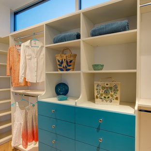 Foto de armario vestidor de mujer, tradicional renovado, de tamaño medio, con armarios con paneles lisos, puertas de armario azules, suelo de madera clara y suelo marrón