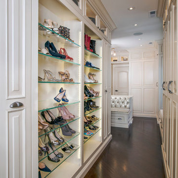 Custom Couture Master Closet with Glass Shoes Display Shelving