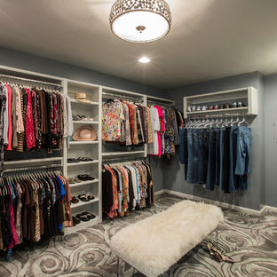 Ispirazione per una cabina armadio unisex classica di medie dimensioni con ante con bugna sagomata, ante grigie, moquette e pavimento multicolore