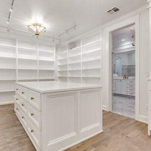 Foto de armario vestidor unisex, clásico renovado, extra grande, con armarios con paneles empotrados, puertas de armario blancas y suelo de madera en tonos medios