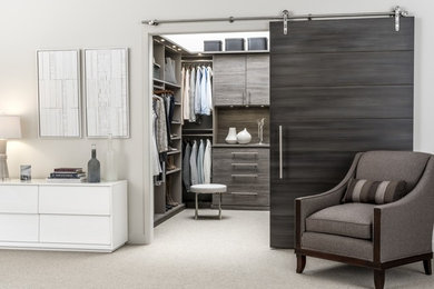 Large trendy gender-neutral carpeted and gray floor walk-in closet photo in Chicago with flat-panel cabinets and gray cabinets