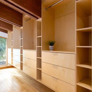 Modelo de armario vestidor unisex y abovedado, actual, extra grande, con armarios con paneles lisos y puertas de armario de madera oscura