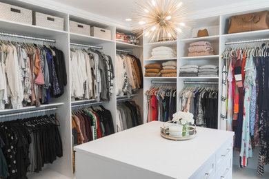 Example of a transitional gender-neutral dark wood floor and brown floor walk-in closet design in New York with shaker cabinets and white cabinets