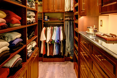 Inspiration for a medium sized classic walk-in wardrobe for men in Other with raised-panel cabinets, dark wood cabinets, medium hardwood flooring and brown floors.