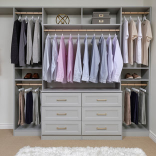 Esempio di una cabina armadio per uomo minimalista di medie dimensioni con ante con riquadro incassato, ante grigie, moquette e pavimento beige