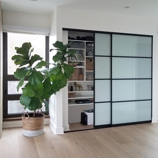 Reach-in closet - mid-sized contemporary light wood floor and beige floor reach-in closet idea in Chicago with open cabinets and white cabinets