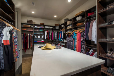 Example of a closet design in Orlando with dark wood cabinets