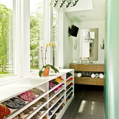 Inspiration for a contemporary ceramic tile closet remodel in Chicago with open cabinets and white cabinets