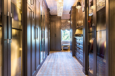 Large transitional men's carpeted and gray floor walk-in closet photo in Other with recessed-panel cabinets and gray cabinets