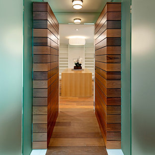 Walk-in closet - modern gender-neutral medium tone wood floor walk-in closet idea in Santa Barbara with open cabinets and white cabinets