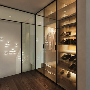 Ispirazione per una cabina armadio per uomo minimalista di medie dimensioni con ante di vetro, ante in legno bruno e parquet scuro