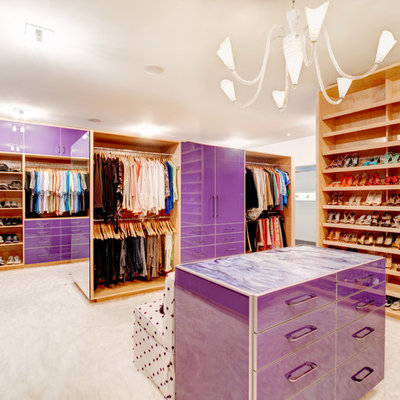 Dressing room - contemporary dressing room idea in Atlanta with open cabinets and medium tone wood cabinets