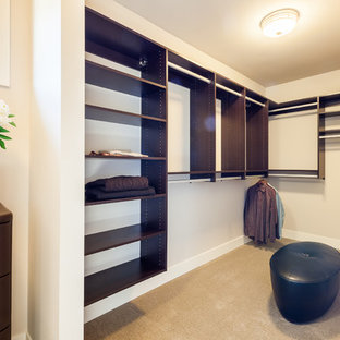 Inspiration för mellanstora moderna walk-in-closets för könsneutrala, med öppna hyllor, skåp i mörkt trä och heltäckningsmatta