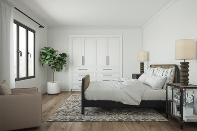 Foto de dormitorio moderno de tamaño medio con suelo de madera en tonos medios y suelo marrón