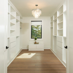 Idee per un ampio armadio incassato tradizionale con ante lisce, ante bianche e parquet chiaro