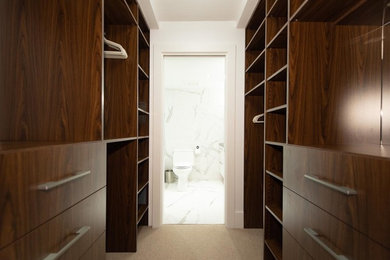 Walk-in closet - mid-sized contemporary gender-neutral carpeted and brown floor walk-in closet idea in Vancouver with flat-panel cabinets and medium tone wood cabinets