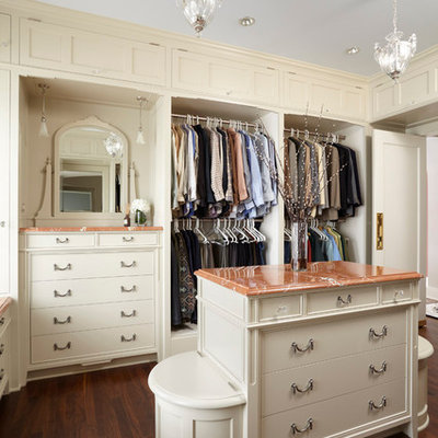 Inspiration for a timeless women's dressing room remodel in Minneapolis with open cabinets and beige cabinets