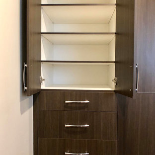 Ispirazione per un armadio o armadio a muro unisex minimalista di medie dimensioni con ante lisce, ante con finitura invecchiata, pavimento in legno massello medio e pavimento marrone