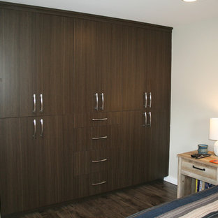 Diseño de armario unisex, minimalista, de tamaño medio, con armarios con paneles lisos, puertas de armario con efecto envejecido, suelo de madera en tonos medios y suelo marrón