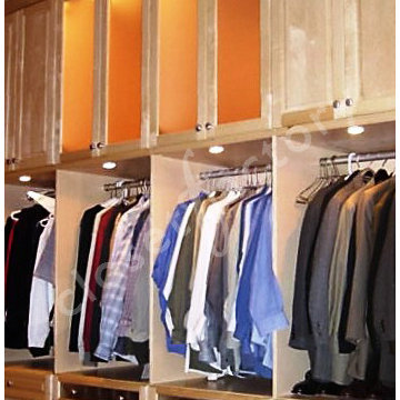 Maple closet extra tall with lighting and pull down rods for access