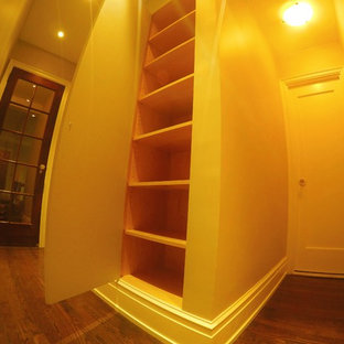 Esempio di un armadio o armadio a muro unisex minimalista di medie dimensioni con ante con riquadro incassato, ante beige e parquet chiaro