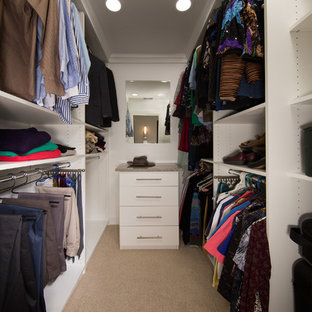 Inspiration pour un petit dressing design neutre avec un placard à porte plane, des portes de placard blanches et moquette.
