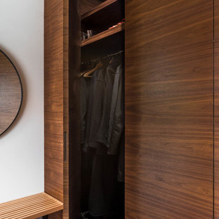 Ejemplo de armario unisex, vintage, pequeño, con armarios con paneles lisos, puertas de armario de madera oscura, suelo de madera en tonos medios y suelo marrón