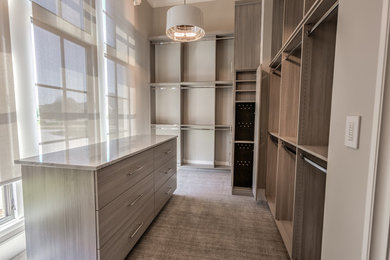Inspiration for a large carpeted and gray floor walk-in closet remodel in Minneapolis with flat-panel cabinets and gray cabinets