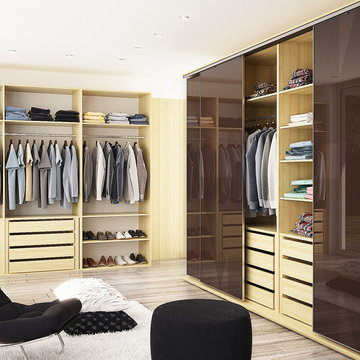 Modern walk in closet with dark brown sliding doors