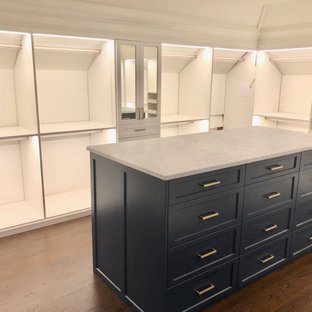 Ispirazione per una grande cabina armadio unisex classica con ante con riquadro incassato, ante blu e parquet scuro