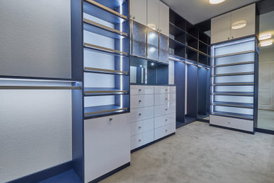 Example of a mid-sized transitional gender-neutral carpeted and gray floor walk-in closet design in Dallas with flat-panel cabinets and white cabinets