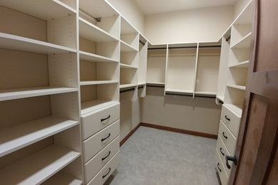 Walk-in closet - mid-sized contemporary carpeted and gray floor walk-in closet idea in Milwaukee with open cabinets and white cabinets
