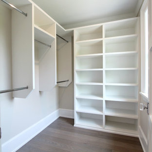 Exempel på ett litet klassiskt walk-in-closet för könsneutrala, med öppna hyllor, vita skåp, mellanmörkt trägolv och brunt golv